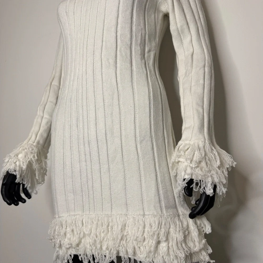 MISSGUIDED Ribbed Knit Mini Dress With Fringe Winter Long Sleeve Turtleneck - Picture 4 of 7